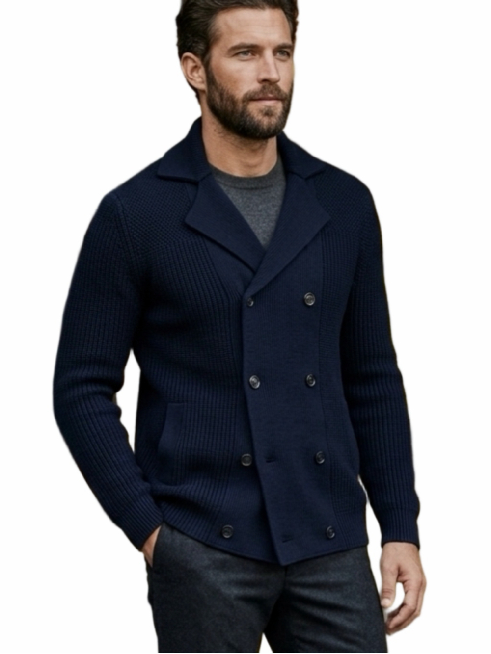 Old Money Quiet Luxury Navy Double Breasted Knit Blazer Cardigan XS 1683